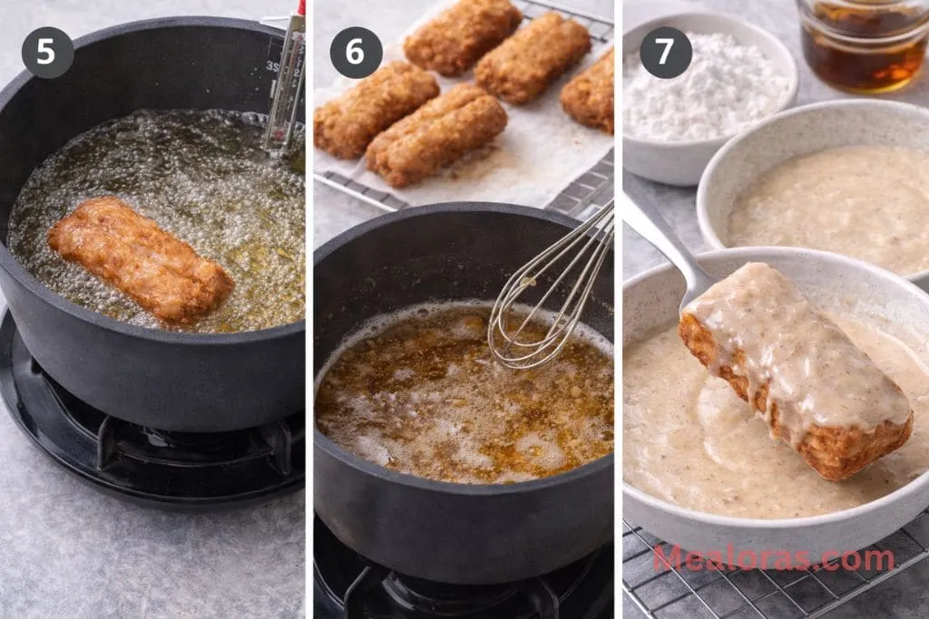 golden donut bar being dipped into a bowl of glossy brown butter maple glaze