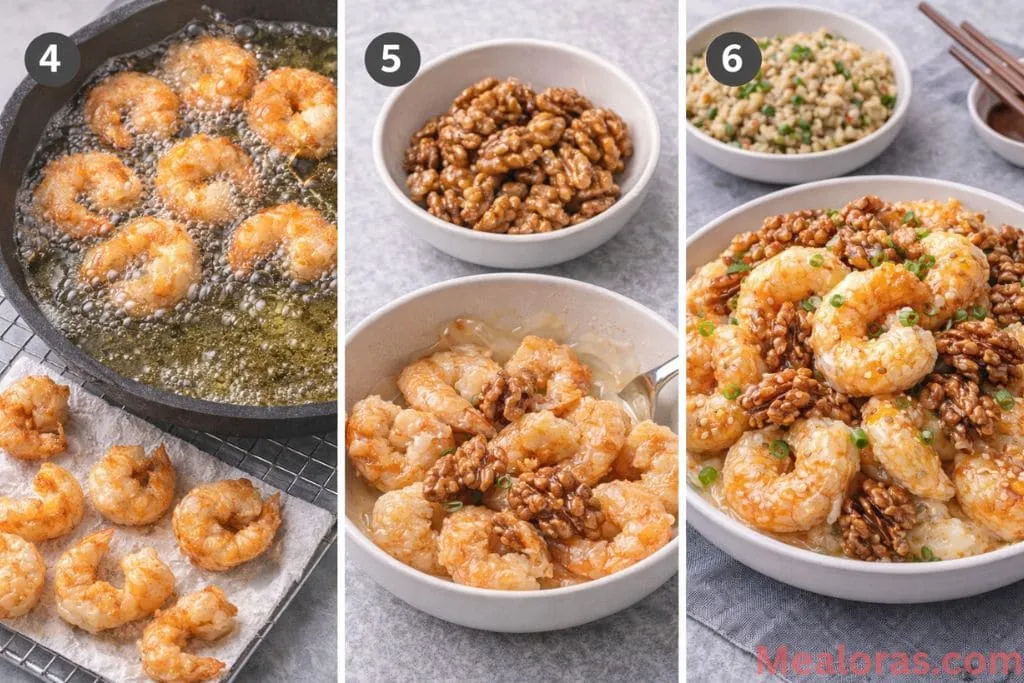 Golden brown shrimp frying in a skillet next to a bowl of shrimp and walnuts being tossed in creamy sauce