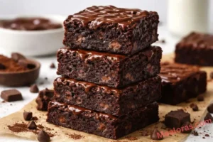 fudgy chocolate brownies with a crackly top and melted chocolate chunks on a wire rack