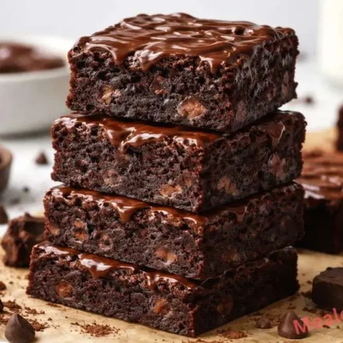 fudgy chocolate brownies with a crackly top and melted chocolate chunks on a wire rack