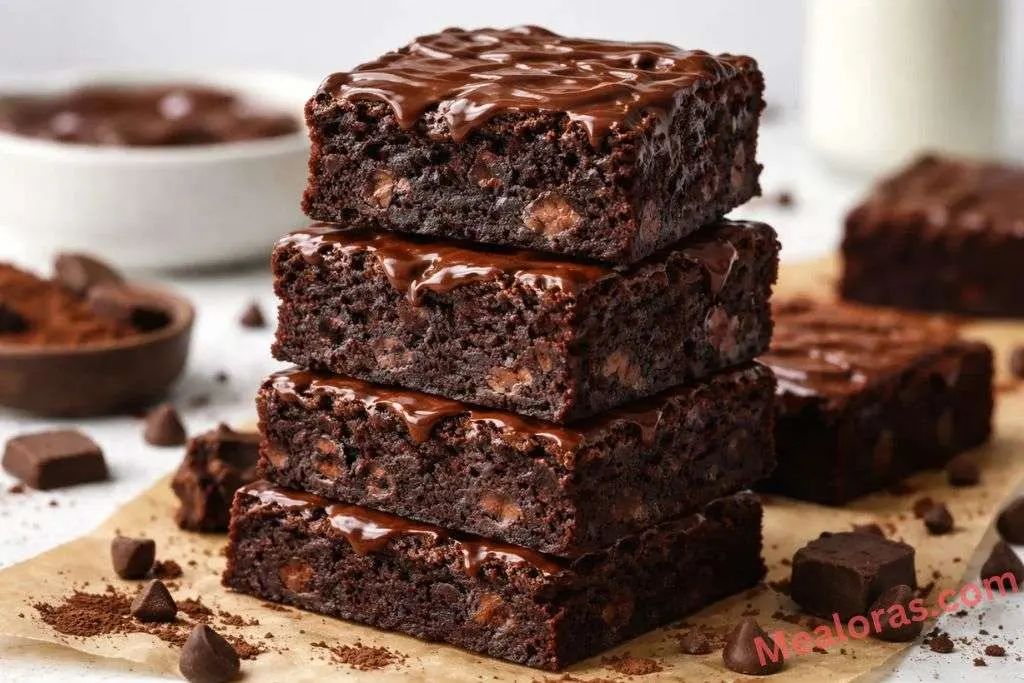 fudgy chocolate brownies with a crackly top and melted chocolate chunks on a wire rack