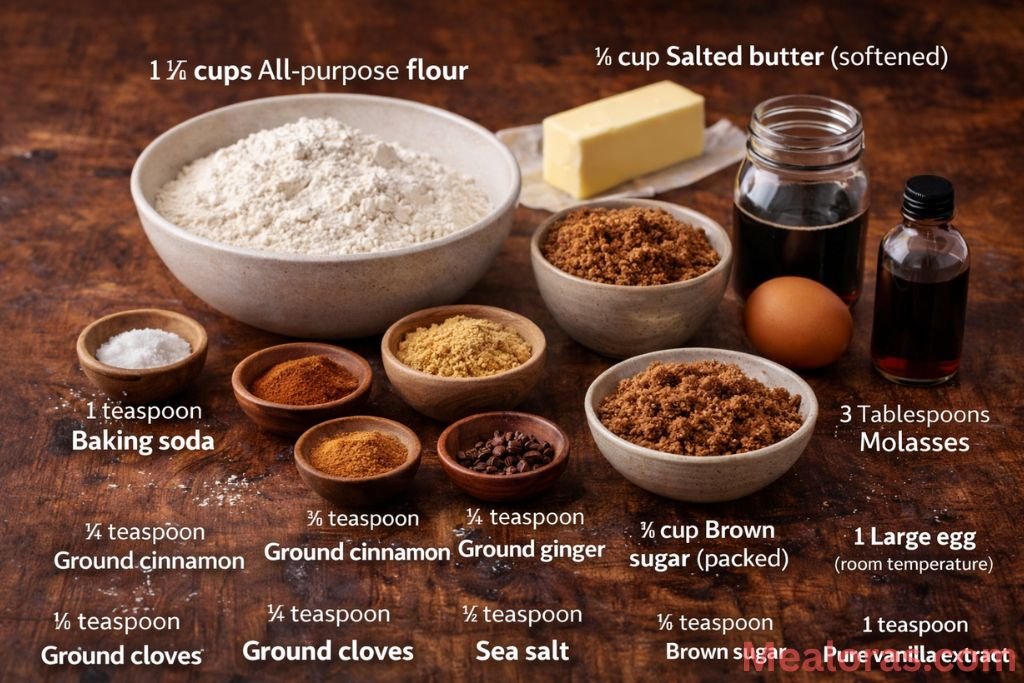 Measured bowls of flour, molasses, brown sugar, and spices on a kitchen counter
