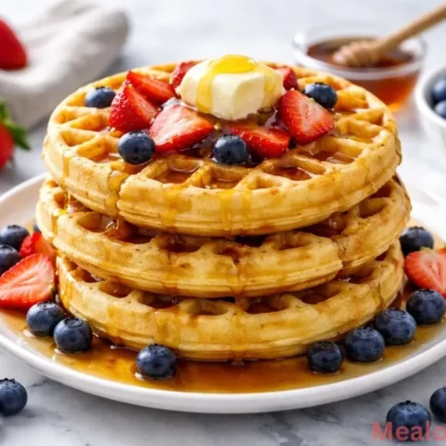 Stack of crispy golden buttermilk waffles with syrup