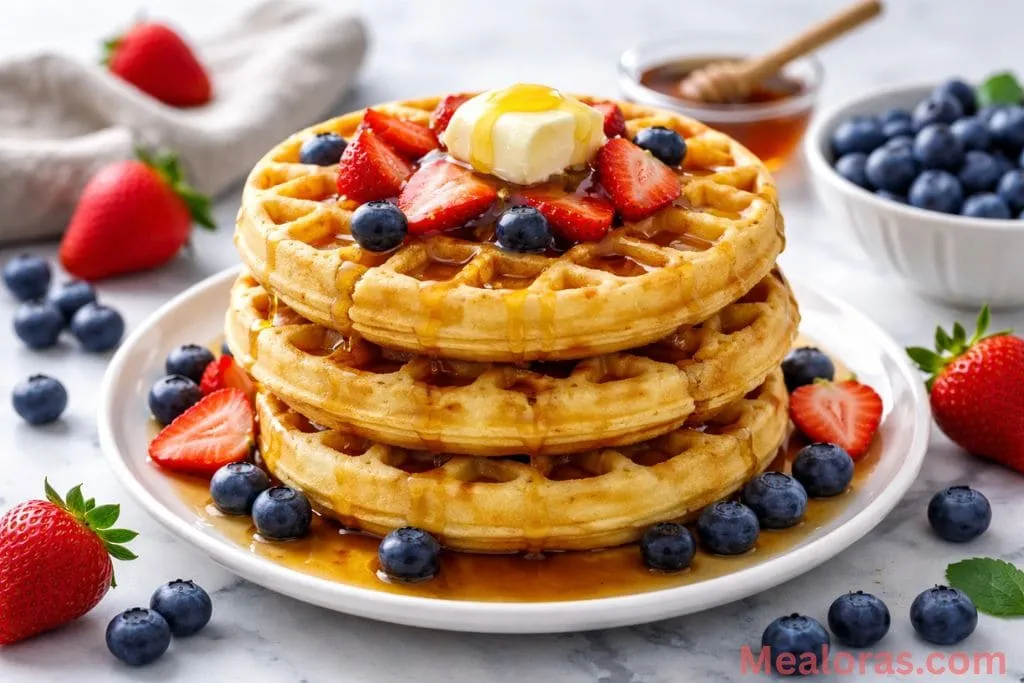 Stack of crispy golden buttermilk waffles with syrup