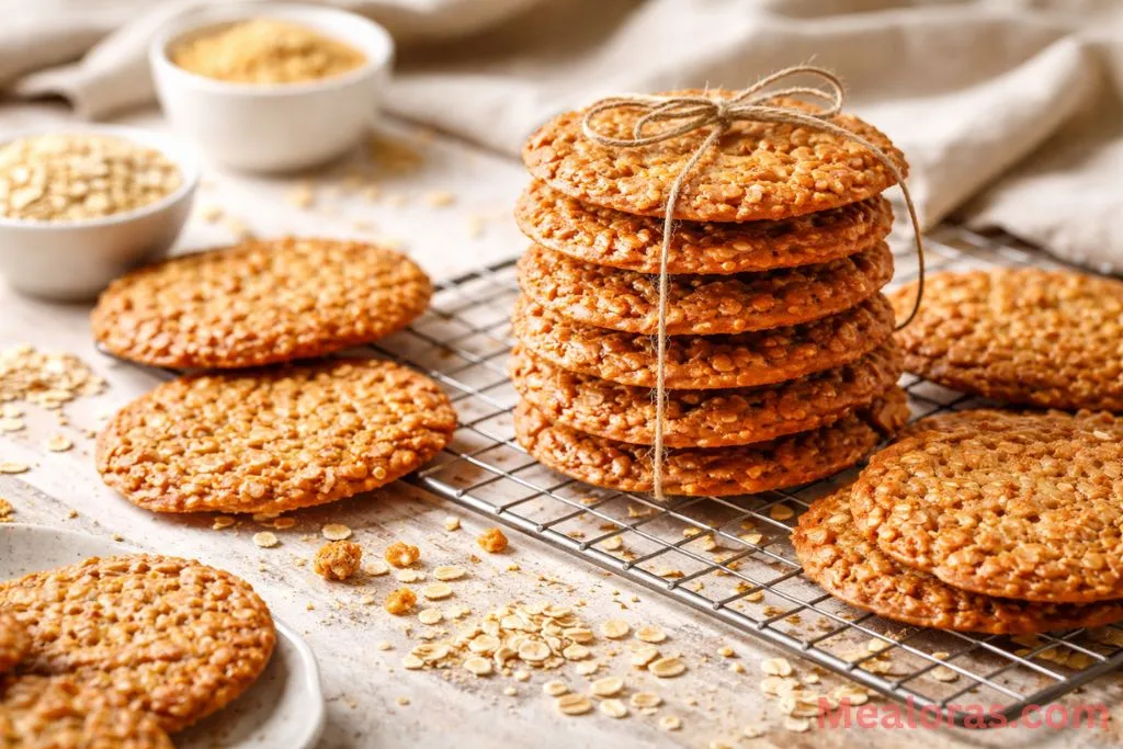 several thin and crispy oatmeal lace cookies with a translucent caramel texture