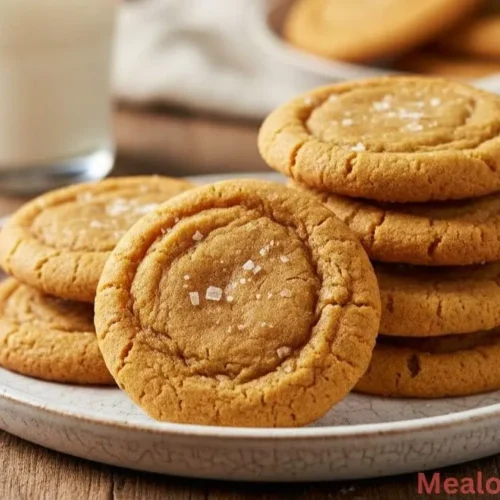 A stack of soft golden brown caramel cookies on a white plate showing a chewy texture and sweet glaze