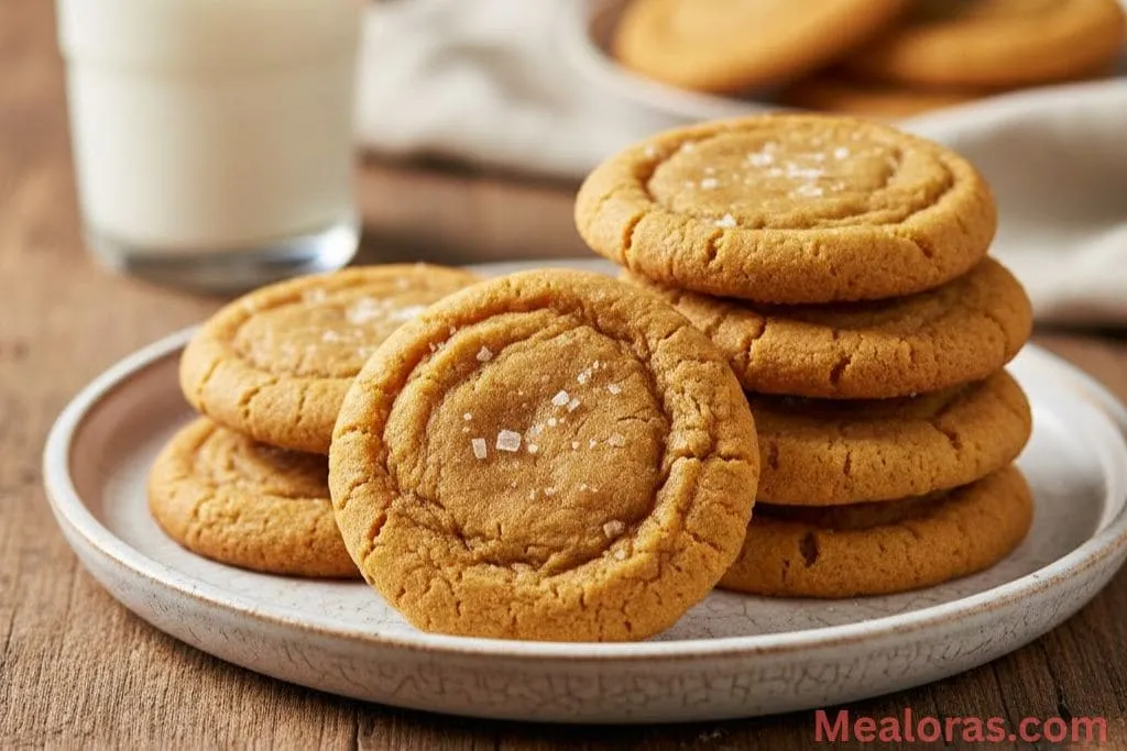 A stack of soft golden brown caramel cookies on a white plate showing a chewy texture and sweet glaze