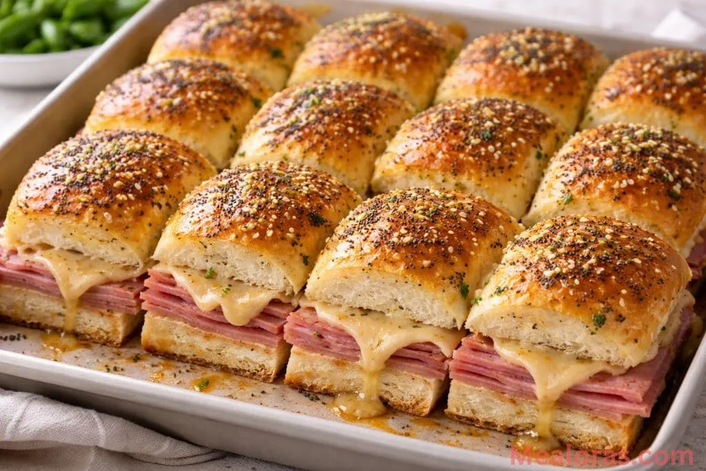 A tray of golden brown ham and cheese sliders on brioche rolls topped with poppy seeds