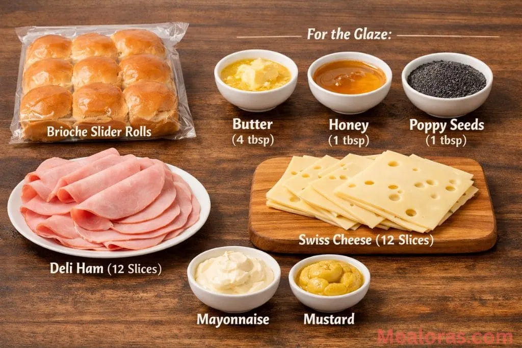 deli ham, Swiss cheese slices, brioche rolls, and glaze ingredients arranged on a kitchen counter
