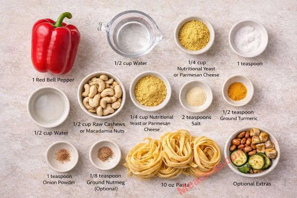 Fresh red bell pepper, raw cashews, nutritional yeast, and golden spices arranged