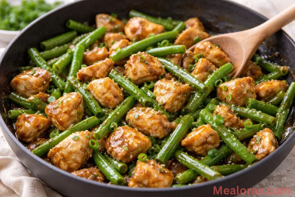 shot of a fork picking up a piece of glazed chicken and a crisp green bean