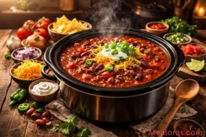 thick beef chili in a ceramic bowl topped with shredded cheese and green onions