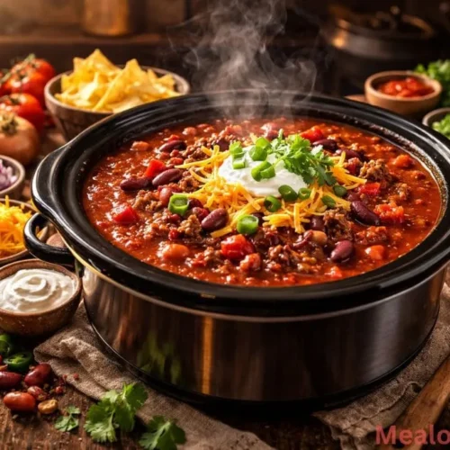 thick beef chili in a ceramic bowl topped with shredded cheese and green onions