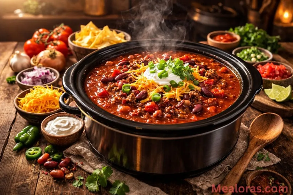 thick beef chili in a ceramic bowl topped with shredded cheese and green onions