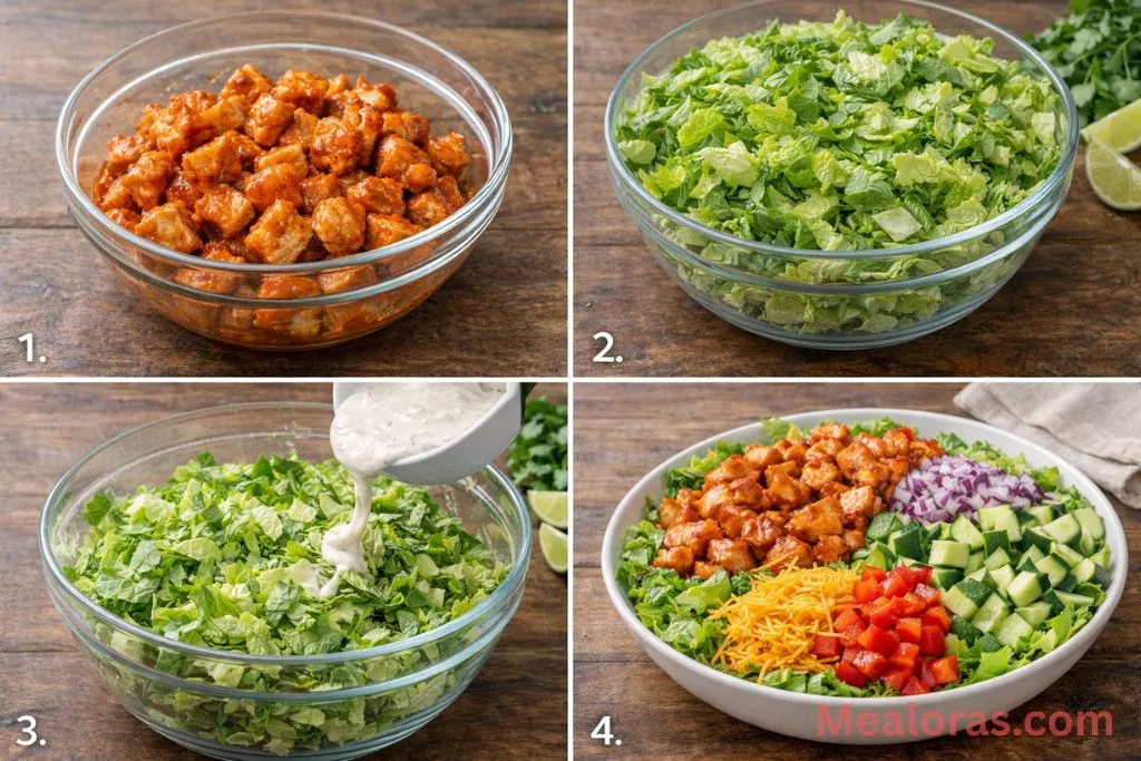 Diced chicken being tossed in honey hot sauce and chopped lettuce being placed in a mixing bowl