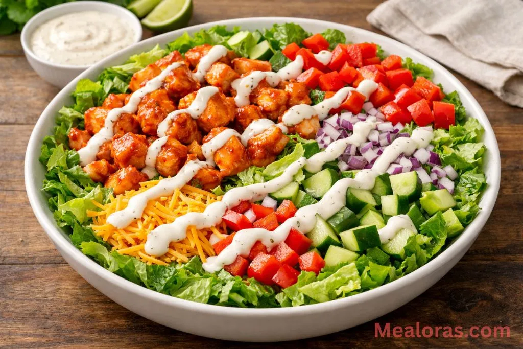 A large bowl of Honey Hot Chicken Salad featuring glazed chicken, romaine lettuce, and colorful vegetables