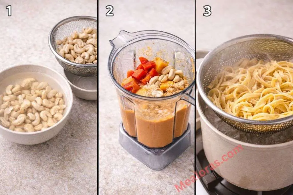 Soaked cashews and sliced red peppers being blended into a smooth, creamy sauce in a food processor