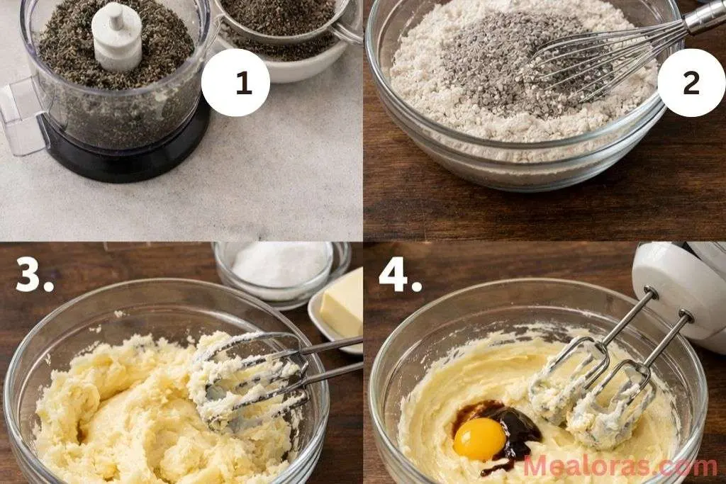 mixing bowl showing the process of creaming butter and sugar and adding the ground Earl Grey tea mixture