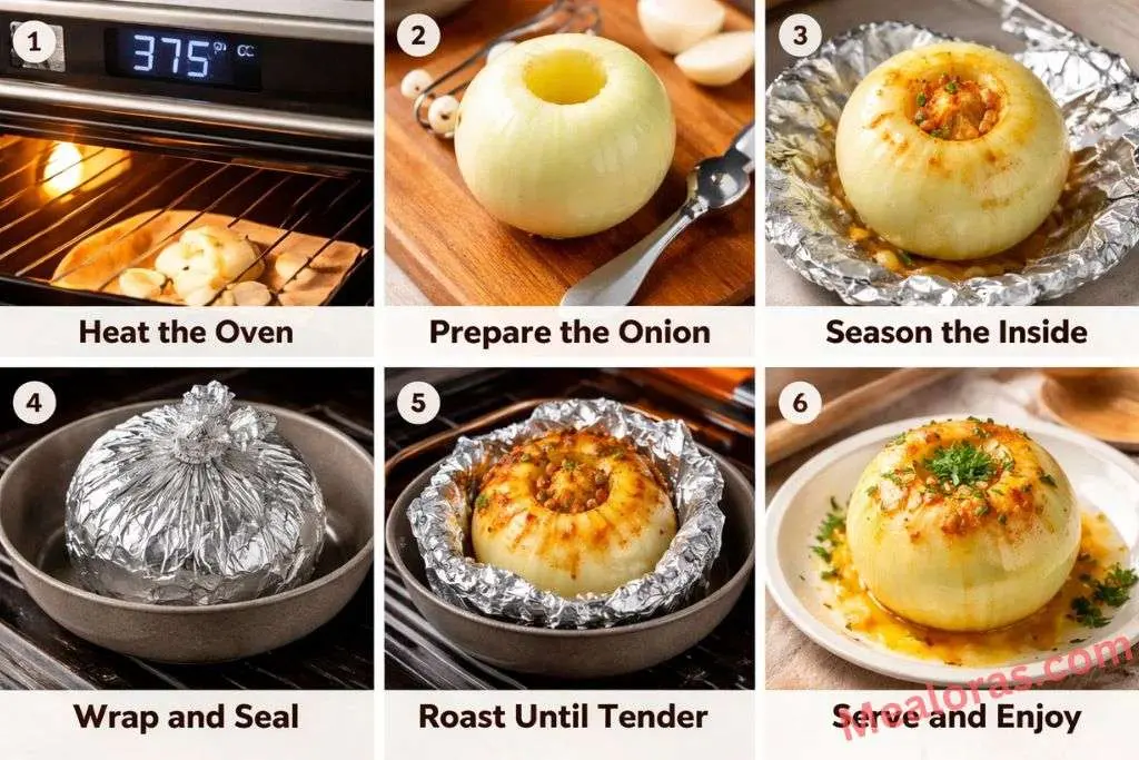 A hand using a small spoon to scoop out the center of a peeled sweet onion to create a well