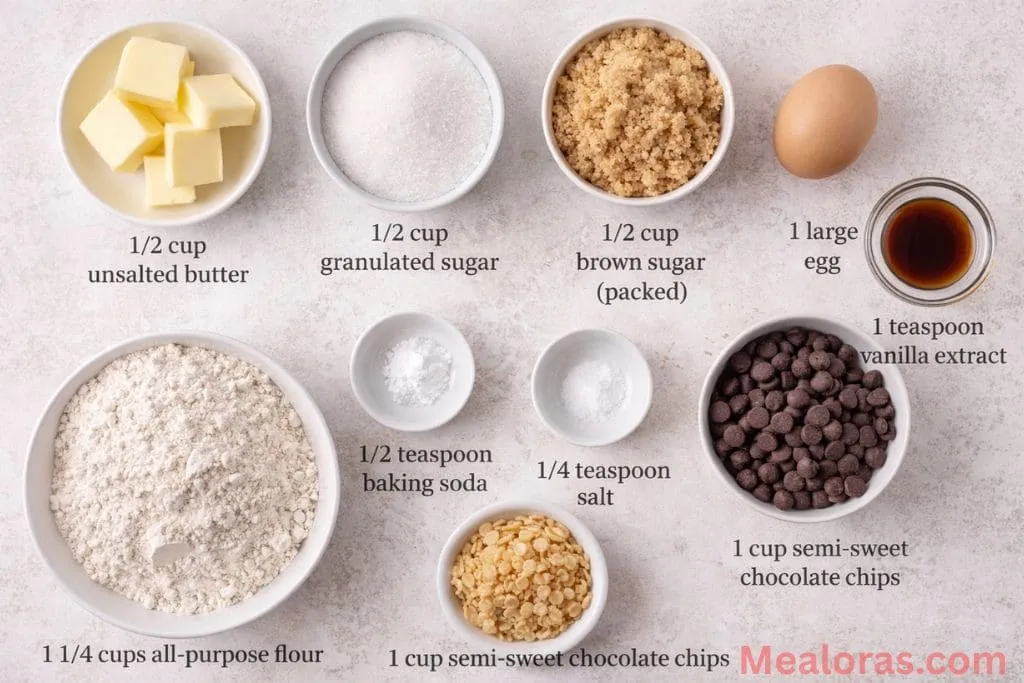 ingredients including butter, sugars, flour, chocolate chips, and Rice Krispies cereal in glass bowls
