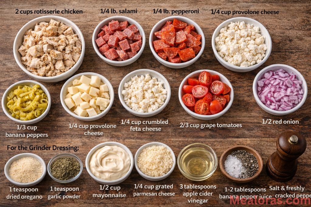 ingredients including rotisserie chicken, salami, pepperoni, provolone cheese, grape tomatoes, red onion, and apple cider vinegar
