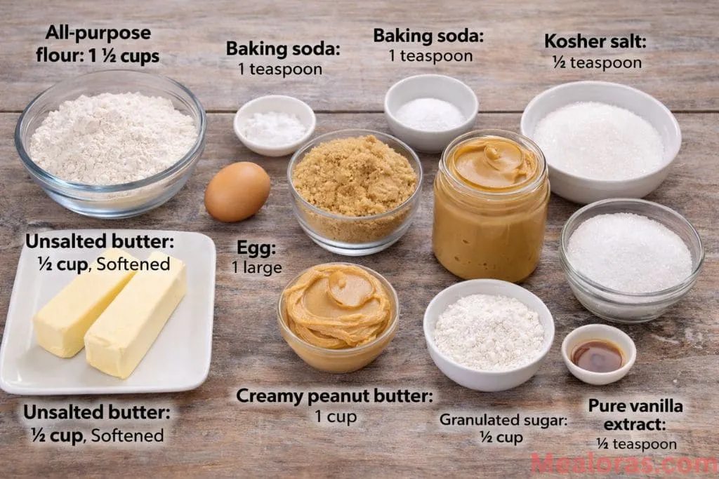Measured bowls of flour, brown sugar, creamy peanut butter, and butter on a kitchen counter