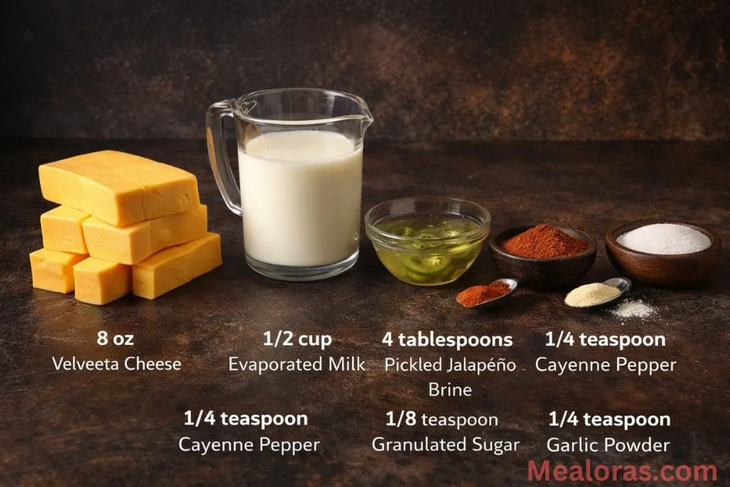 A flat-lay view of Velveeta cheese cubes, evaporated milk, jalapeño brine, and spices on a kitchen 