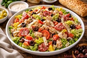 A large glass bowl filled with Italian Grinder Chicken Salad featuring shredded chicken, diced salami, pepperoni, and bright banana peppers