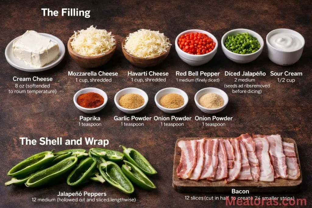 green jalapenos, red bell peppers, blocks of cream cheese, and slices of raw bacon on a kitchen counter