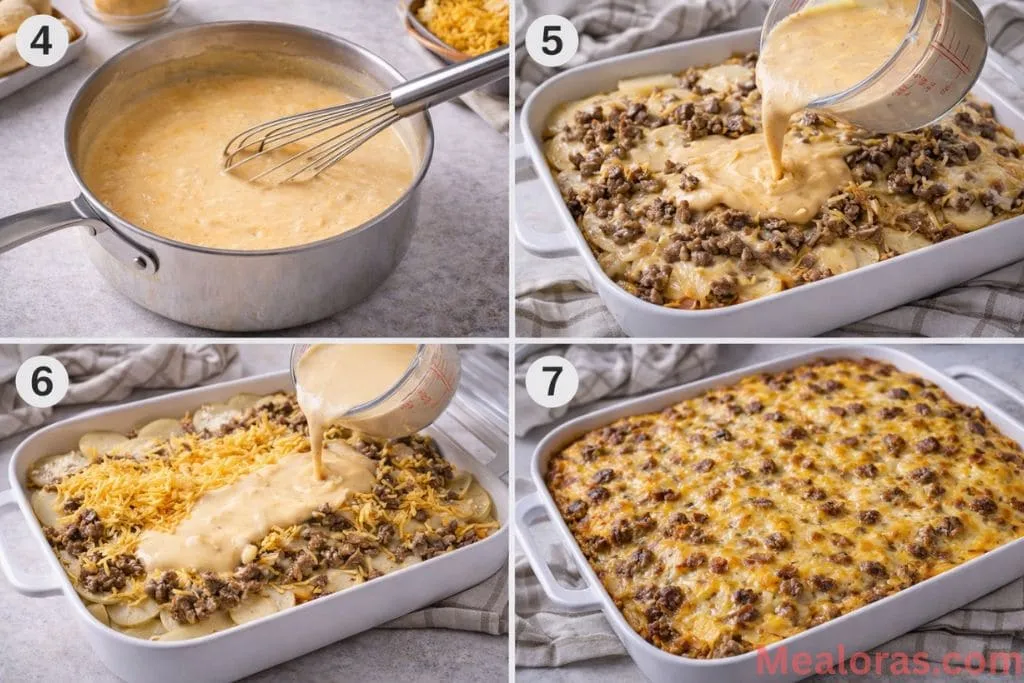 baking dish being layered with sliced potatoes, meat, and cheese sauce before being placed in the oven