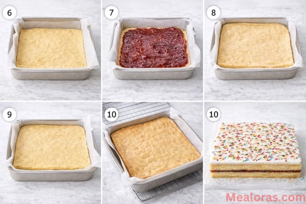 Hands spreading bright red strawberry preserves over a layer of cookie dough in a square metal baking pan