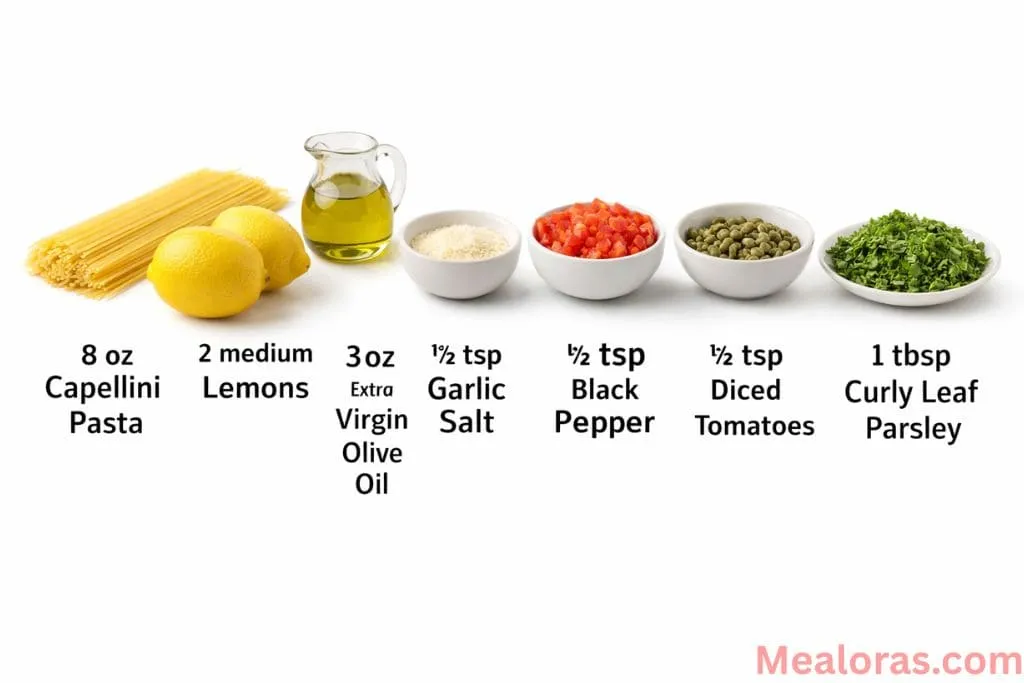Ingredients for lemon capellini salad including pasta, lemons, olive oil, and tomatoes 