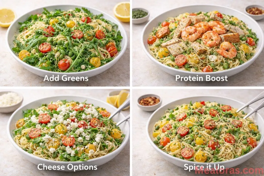 Lemon capellini salad topped with optional grilled chicken and fresh arugula