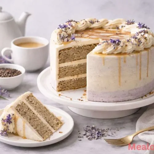 London Fog Cake with lavender cream cheese frosting and a sprinkle of dried Earl Grey tea leaves