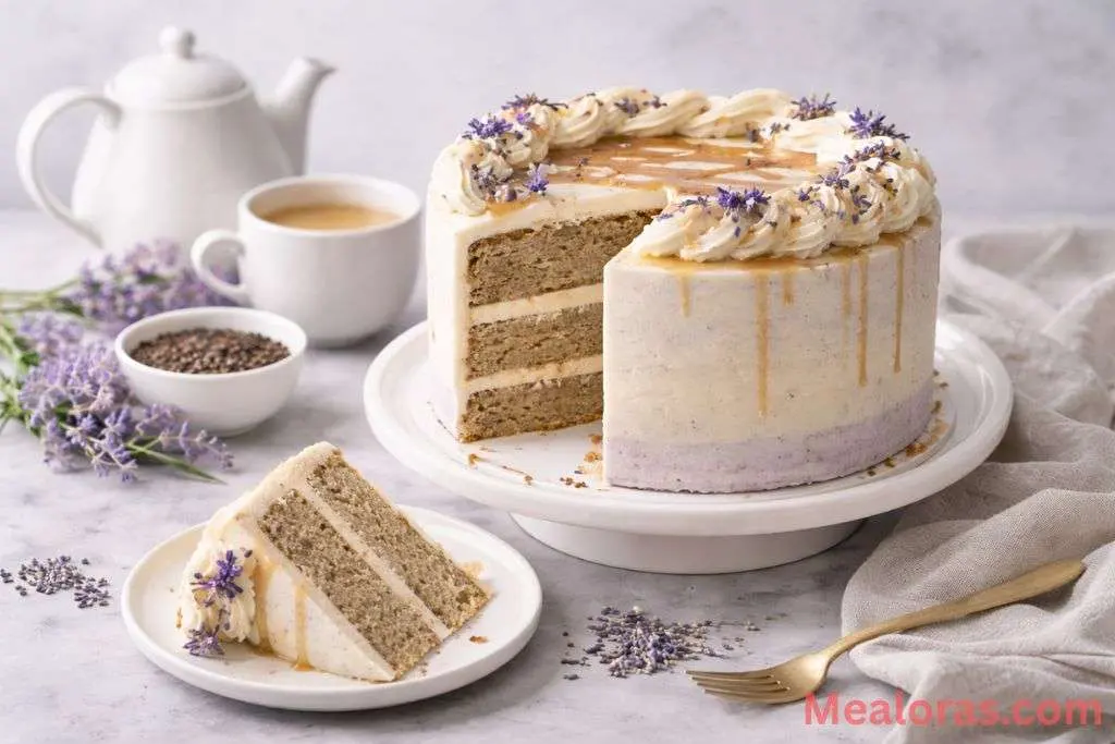 London Fog Cake with lavender cream cheese frosting and a sprinkle of dried Earl Grey tea leaves
