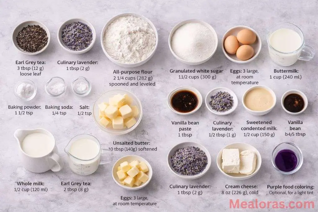cake ingredients including loose leaf Earl Grey tea, culinary lavender, flour, and buttermilk
