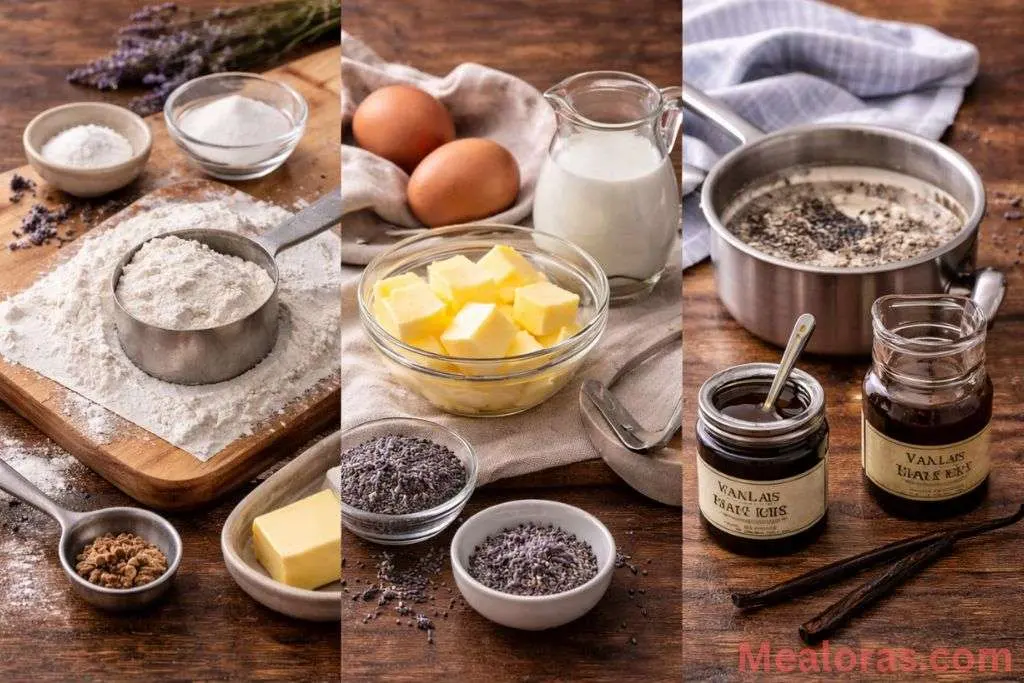 Earl Grey cake garnished with a thin lemon zest spiral and lavender buds