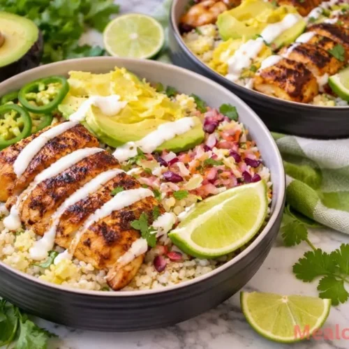 low carb fish taco bowl with baked cod, cauliflower rice, and creamy lime sauce