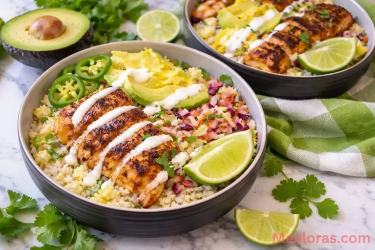 low carb fish taco bowl with baked cod, cauliflower rice, and creamy lime sauce