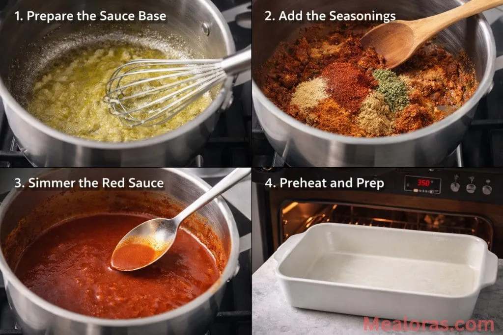 : A stovetop view of a saucepan where a flour roux is being whisked with red spices and chicken broth to create a thick sauce