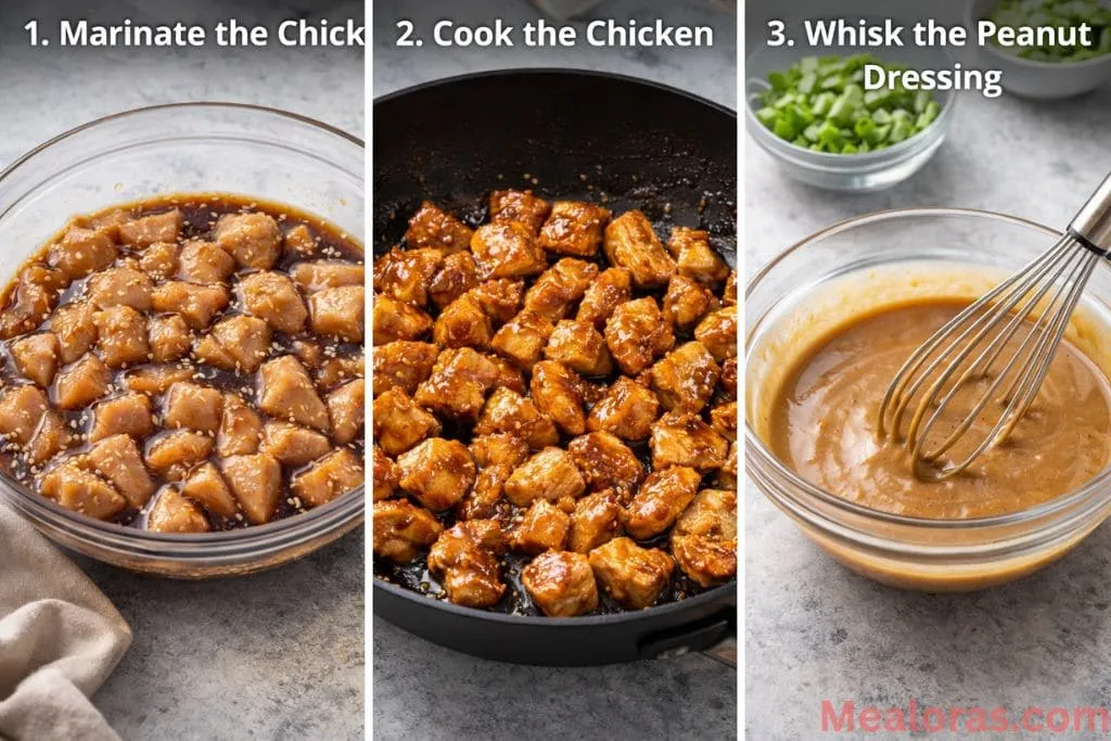 Diced chicken breast cooking in a skillet with a dark soy ginger marinade and sesame seeds