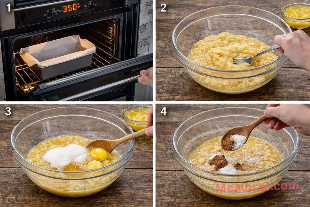 mashing ripe bananas in a glass bowl and mixing in melted butter and sugar