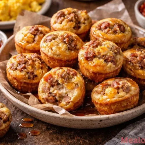A pile of golden-brown mini pancake muffin bites filled with savory sausage and melted cheddar cheese