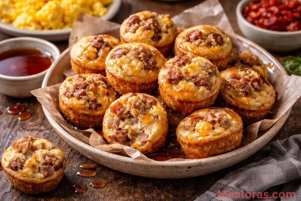 A pile of golden-brown mini pancake muffin bites filled with savory sausage and melted cheddar cheese