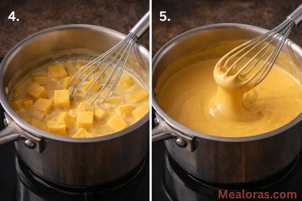 whisk stirring a glossy, smooth orange cheese sauce in a saucepan until perfectly melted