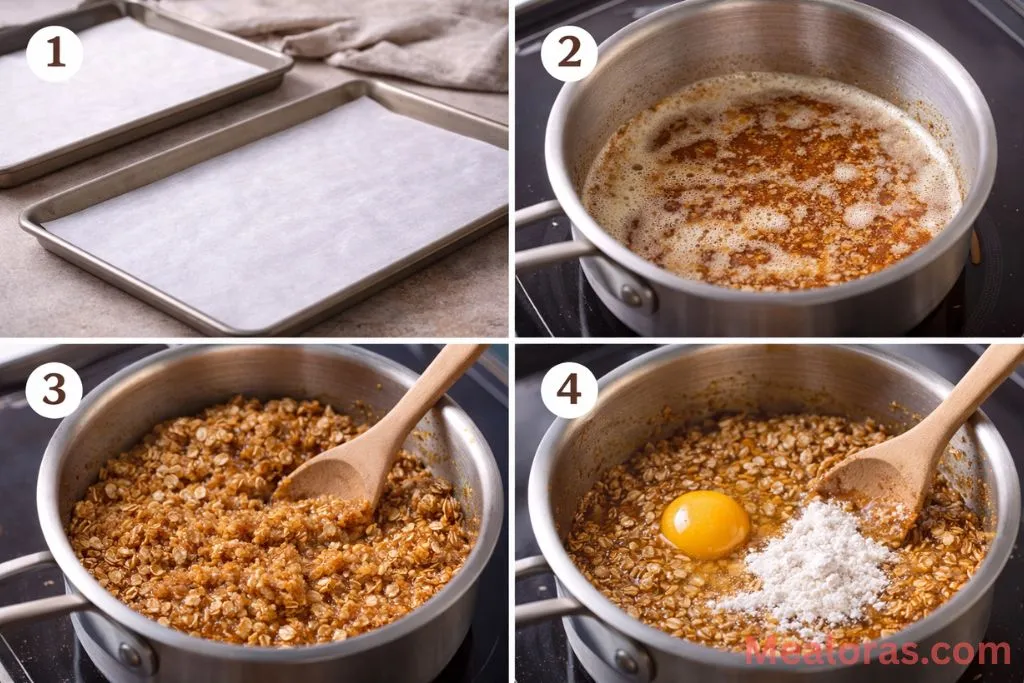 A saucepan showing browned butter being mixed with brown sugar and oats to form a glossy cookie batter
