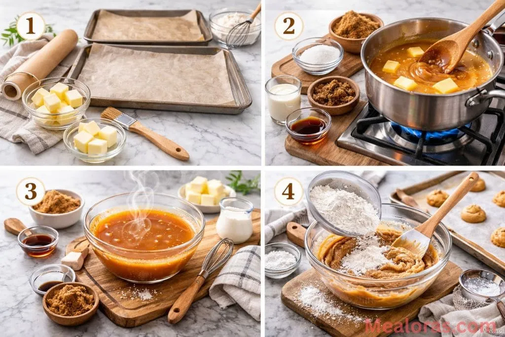 Butter and sugars melting in a saucepan to create a smooth bubbling caramel liquid for cookie dough