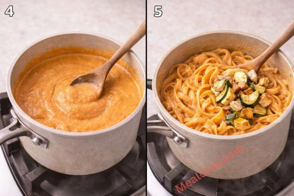 Pouring warm red pepper sauce over freshly cooked al dente pasta in a large pot