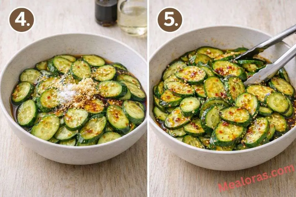 Tossing sliced cucumbers with soy sauce, sesame oil, and red chili oil in a mixing bowl