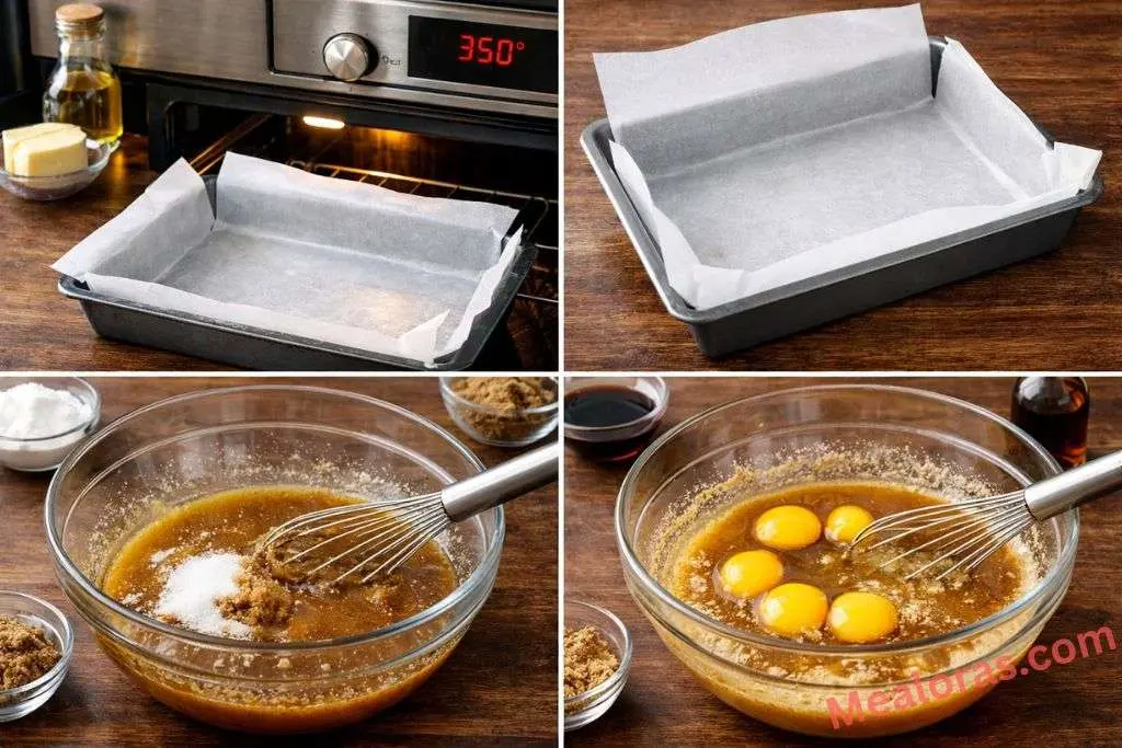 mixing melted butter, sugars, and eggs in a large glass bowl until smooth and glossy